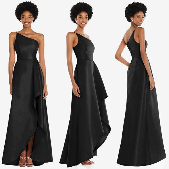 Alfred Sung One-shoulder Satin Gown With Draped Front Slit And Pockets Black 6 - Picture 1 of 15